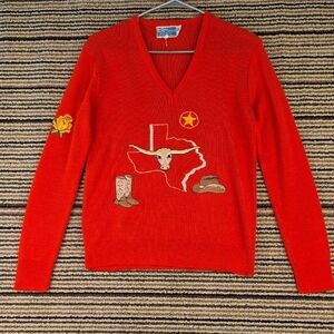TEXAS THEME LeRoy Knitwear Orange Medium Womens V Neck Sweater Top‎ VTG RARE